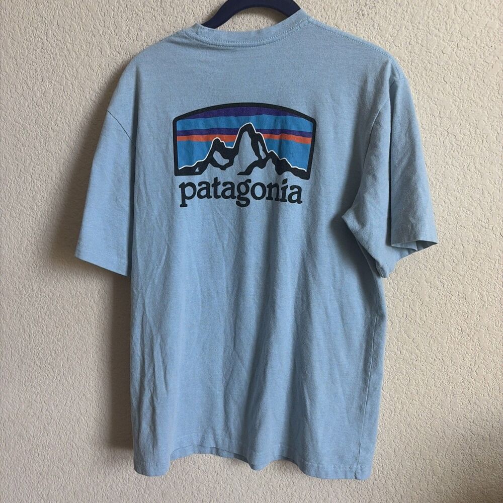 Patagonia Responsibili Tee Shirt Mens Blue Logo Crew Neck XS SS Gorp Mountain